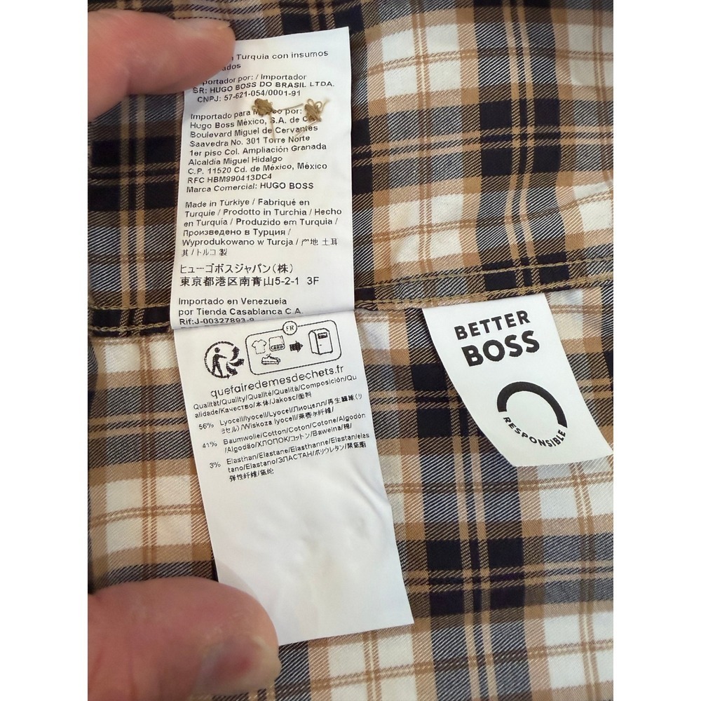 HUGO BOSS Regular‎ Fit Stretch Plaid Shirt XS Beige Black Long Sleeve - Picture 6 of 8